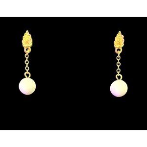 Vintage Gold Tone Drop Earrings White Bead Dangle Ball Design Pierced Retro Styl